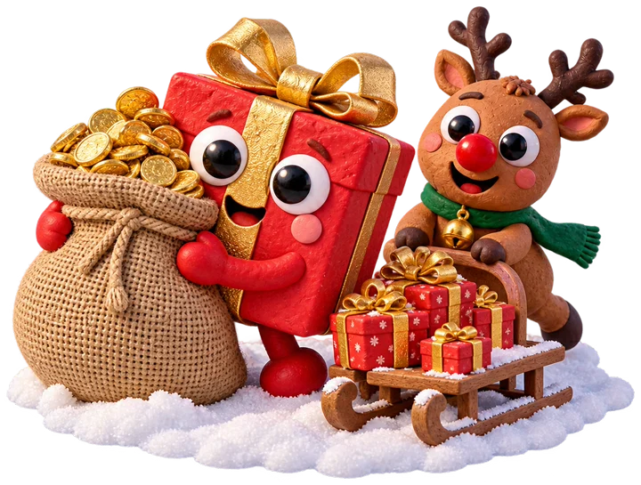 the present mascot with a sack of coins