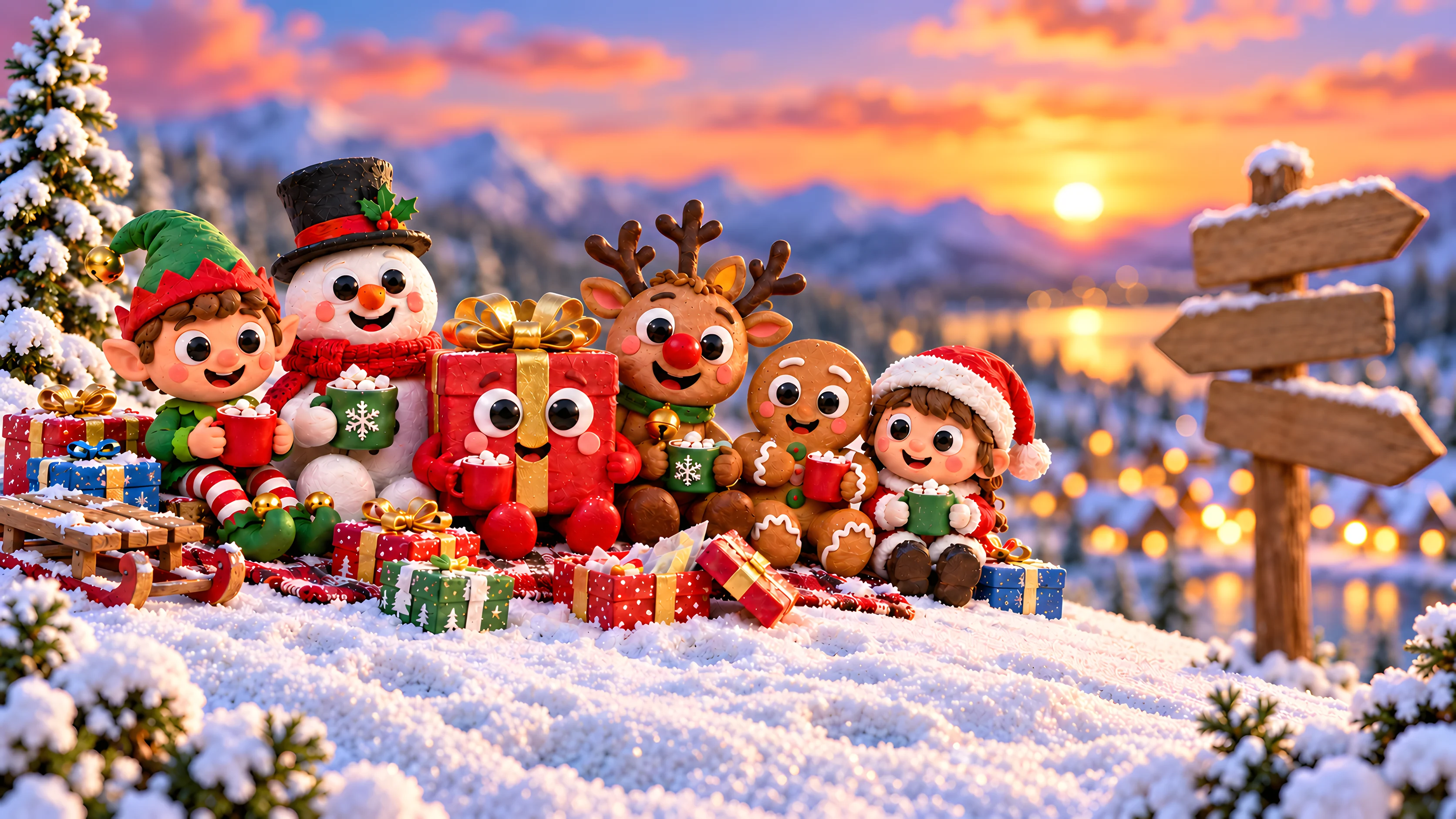 The clay friends sitting on a snowy hill at sunset with hot cocoa