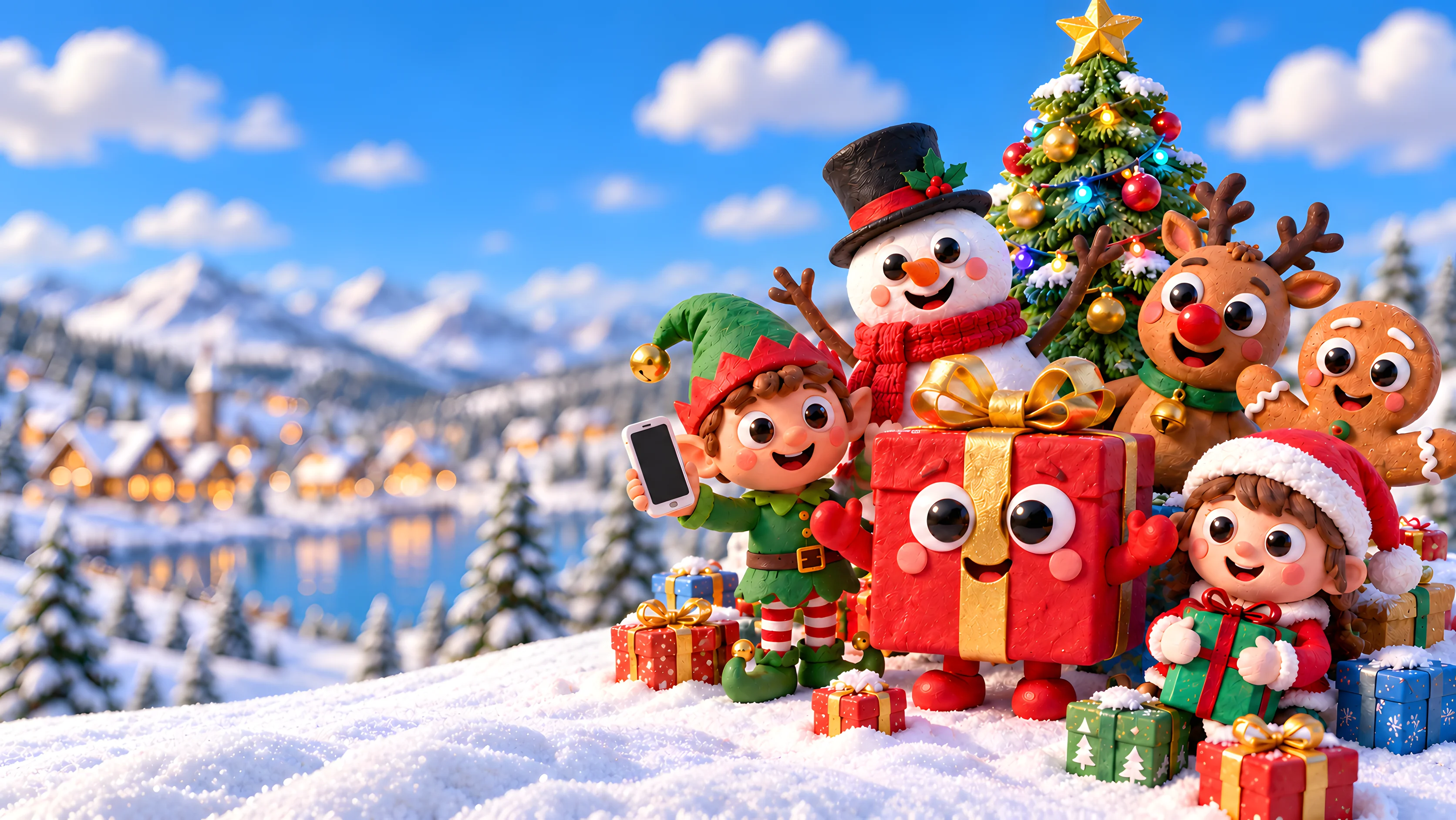 Clay Christmas characters around a tree piled with presents